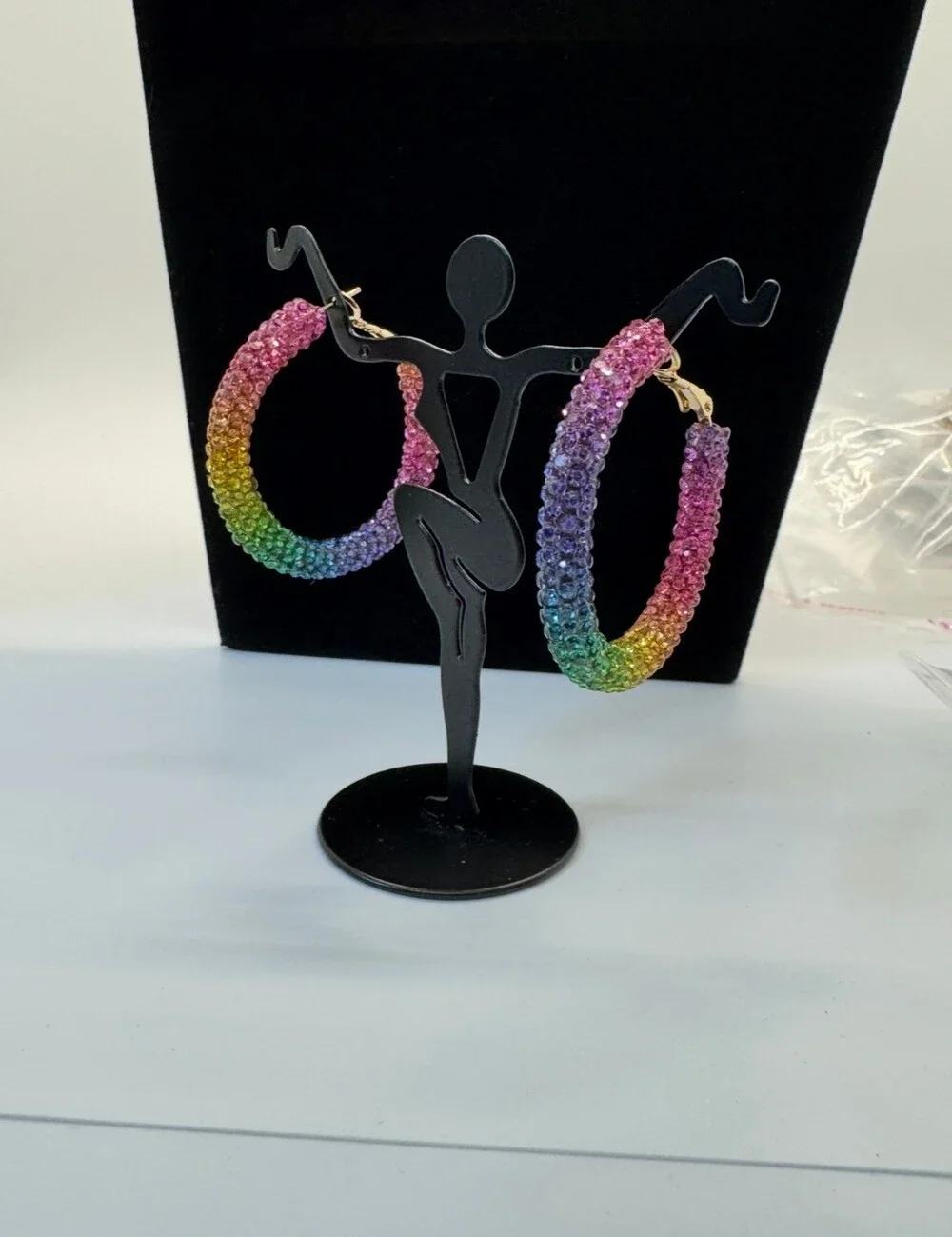 Rainbow Rhinestone Hoop Earrings Gold Tone Multicolor Statement Jewelry New